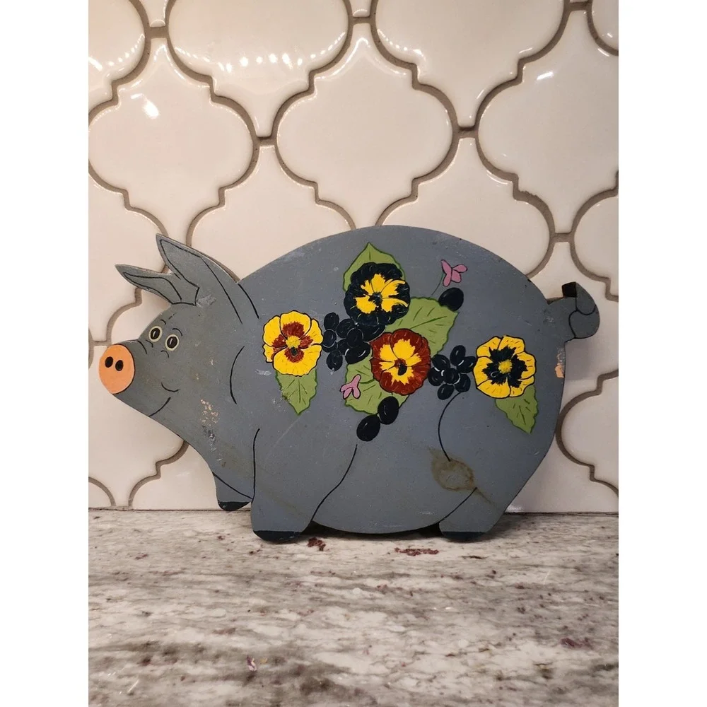 Vintage Wooden Pig‎ Wall Decor Folk Art Hand Painted Flowers Farmhouse Country